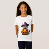 かわいい子猫の魔女の帽子とカボチャ 👻 Tシャツ (正面フル)