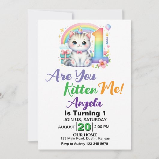 かわいい子猫の1歳の誕生日パーティー 招待状 (正面)