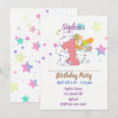 かわいい子猫の1歳誕生日パーティー 招待状 (正面/裏面)