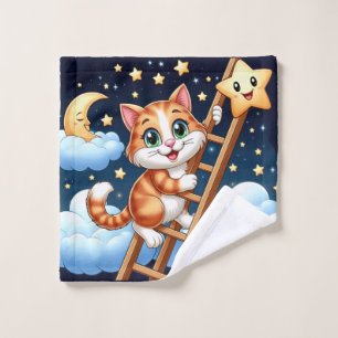 かわいい子猫はしごを月に登る ウォッシュタオル