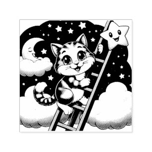 かわいい子猫はしごを月に登る セルフインキングスタンプ