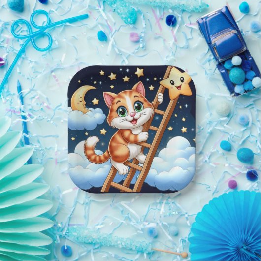 かわいい子猫はしごを月に登る ペーパープレート (パーティー)