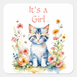 かわいい子猫をテーマに女の子の赤ちゃんシャワー スクエアシール