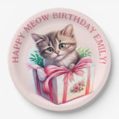 かわいい子猫を箱に入れた誕生日 ペーパープレート (正面)