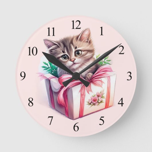 かわいい子猫を箱に入れた誕生日 ラウンド壁時計 (正面)
