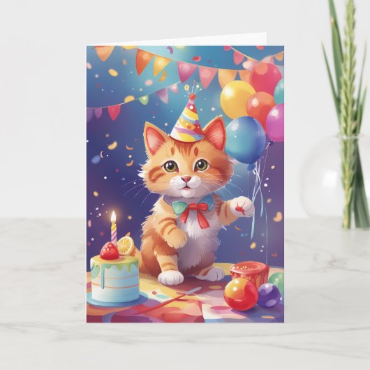 かわいい子猫アットカラフルお祝いパーティー カード (正面)