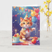 かわいい子猫アットカラフルお祝いパーティー カード (黄色い花)
