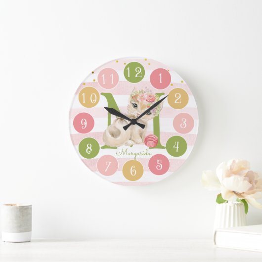 かわいい子猫イラストレーションベビーガール子供部屋デコール ラージ壁時計 (ホーム)