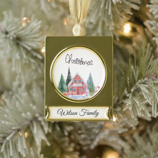 かわいい子猫イラストレーション ゴールドプレートバナーオーナメント (ツリー)