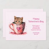 かわいい子猫インaティーカップハートバレンタインデー シーズンカード (正面/裏面)