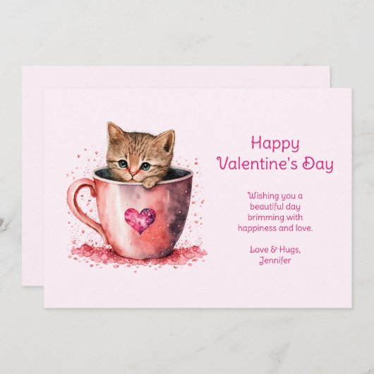 かわいい子猫インaティーカップハートバレンタインデー シーズンカード (正面/裏面)