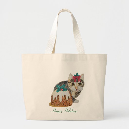 かわいい子猫グレイ虎猫のポークリスマス ラージトートバッグ (正面)