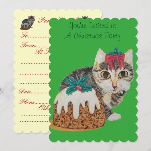 かわいい子猫グレイ虎猫のポークリスマス 招待状 (正面/裏面)