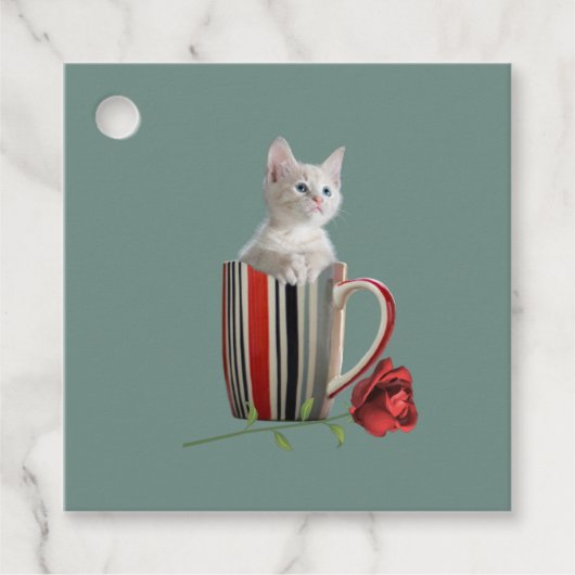 かわいい子猫コーヒーマグ写真の花の緑モダン フェイバータグ (正面)
