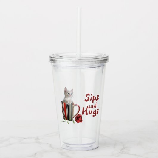 かわいい子猫コーヒーマグ写真花赤モダン アクリルタンブラー (正面)