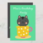 かわいい子猫ティーカップ女の子のバースデーティーパーティー 招待状 (正面/裏面)
