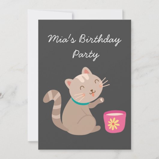 かわいい子猫ティーカップ女の子のバースデーティーパーティー 招待状 (正面)