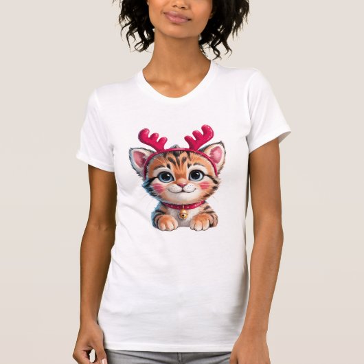 かわいい子猫トナカイ | 面白いクリスマス 猫好き Tシャツ (正面)