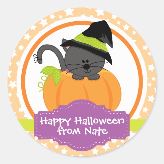 かわいい子猫ハッピーハローウィン子供へパーソナライズされた ラウンドシール (正面)