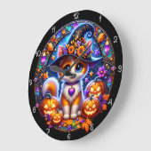 かわいい子猫ハロウィーンのステンドグラス ラージ壁時計 (傾斜)