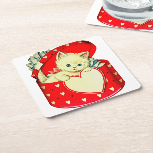 かわいい子猫ハートヴィンテージ猫レトロ子猫 スクエアペーパーコースター (アングル)