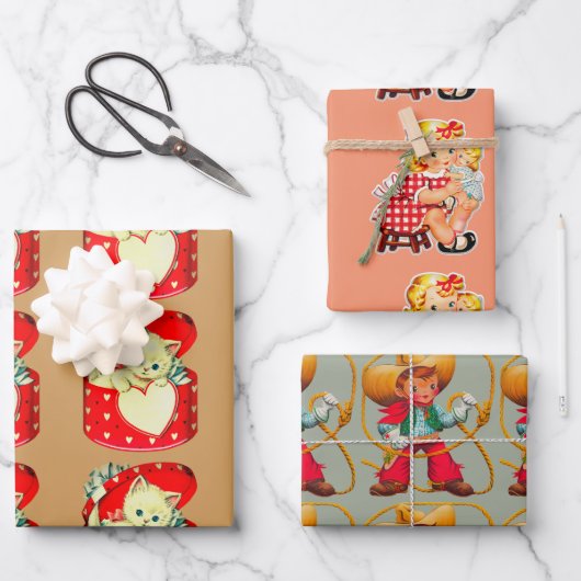 かわいい子猫ハートヴィンテージ猫レトロ子猫 ラッピングペーパーシート (正面)