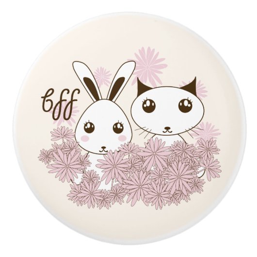 かわいい子猫バニー動物の友人ガールズキッズルーム セラミックノブ (正面)