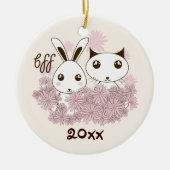 かわいい子猫バニー動物の友人キッズクリスマス セラミックオーナメント (正面)