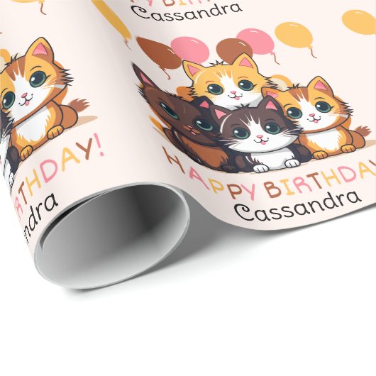 かわいい子猫バルーンネーム子供の誕生日 ラッピングペーパー (ロールコーナー)