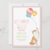 かわいい子猫バルーン |おもしろいピンクガールズ誕生日 招待状 (正面)