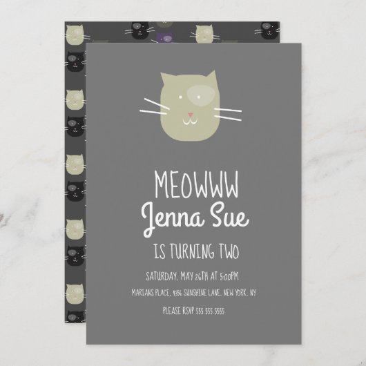かわいい子猫バースデーパーティーグレイキャット招待状 招待状 (正面/裏面)