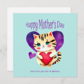 かわいい子猫パープル赤いハートマザーズデイカード (正面/裏面)