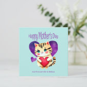 かわいい子猫パープル赤いハートマザーズデイカード (スタンド正面)