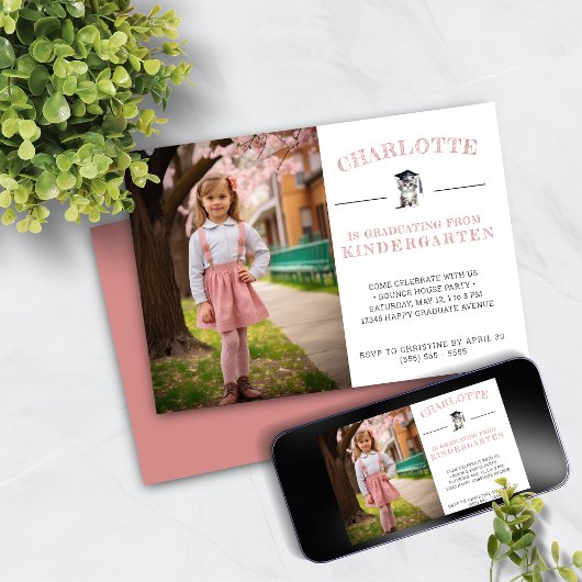 かわいい子猫ピンク幼稚園卒業 招待状