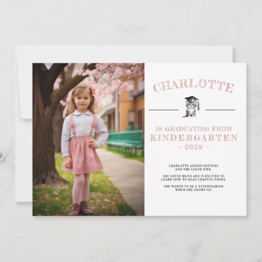 かわいい子猫ピンク幼稚園卒業 案内状 (正面)