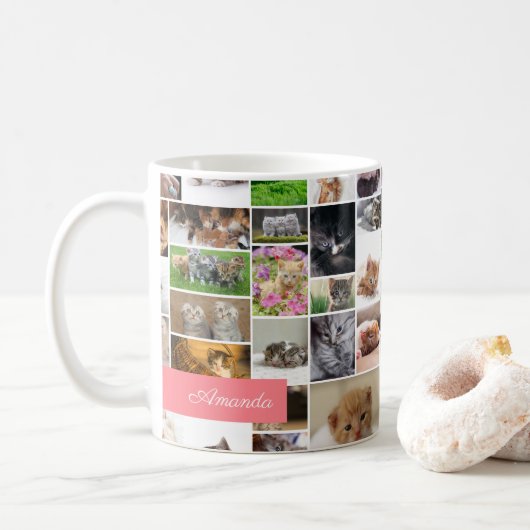 かわいい子猫フォトモンタージュコーラルピンク猫 コーヒーマグカップ (ドーナツ)