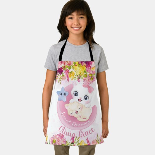 かわいい子猫フレンズ赤面ピンクフラワーズカスタム エプロン (インサイチュ)