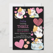 かわいい子猫ベビーガールブラック3歳の誕生日 招待状 (正面)