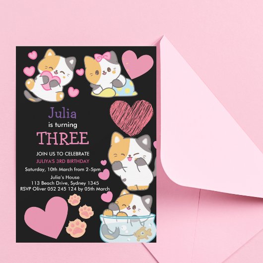 かわいい子猫ベビーガールブラック3歳の誕生日 招待状