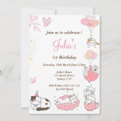 かわいい子猫ベビーガール1歳の誕生日 招待状 (正面)