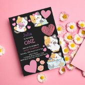 かわいい子猫ベビーガール1stバースデーブラック 招待状