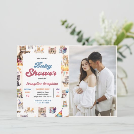 かわいい子猫ベビーシャワーパーティー写真 招待状 (スタンド正面)