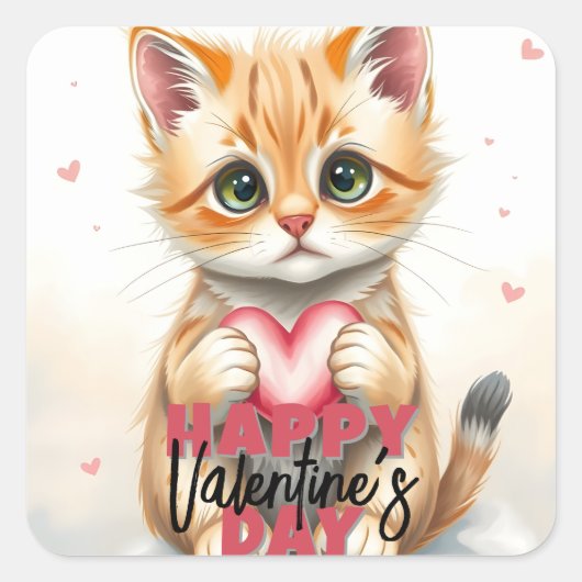 かわいい子猫ホールディングピンクハートバレンタインデー スクエアシール (正面)