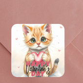 かわいい子猫ホールディングピンクハートバレンタインデー スクエアシール