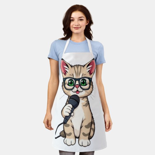 「かわいい子猫レポーター漫画ステッカー」 エプロン (着用した状態)