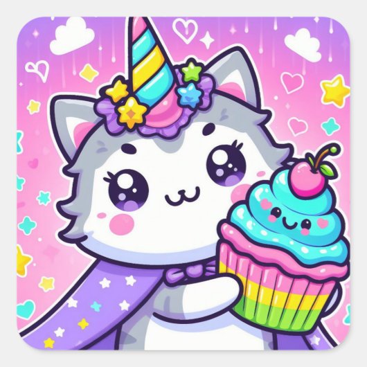 かわいい子猫付きカップケーキ誕生日 スクエアシール (正面)