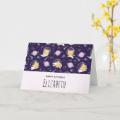 かわいい子猫宇宙飛行士のパターン誕生日 カード (黄色い花)