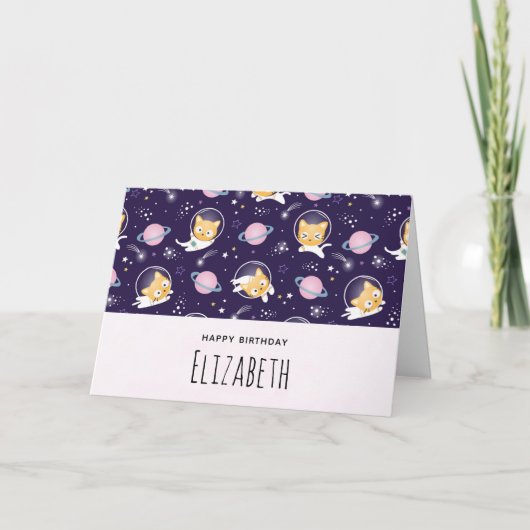 かわいい子猫宇宙飛行士のパターン誕生日 カード (正面)