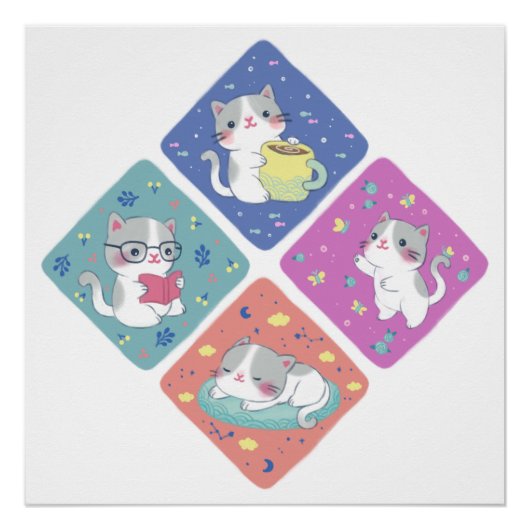 かわいい子猫忙しの日イラストレーション ポスター (正面)