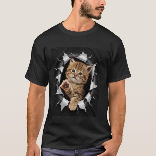 かわいい子猫 ひび割れた壁、 猫好き Tシャツ (正面)
